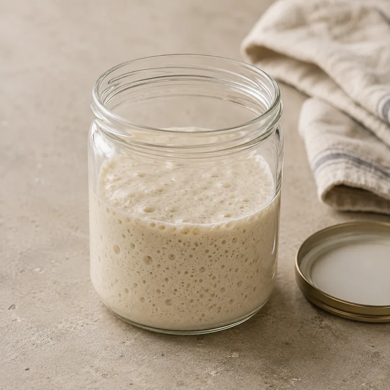 Active poolish in a glass jar, visibly expanded and covered with bubbles